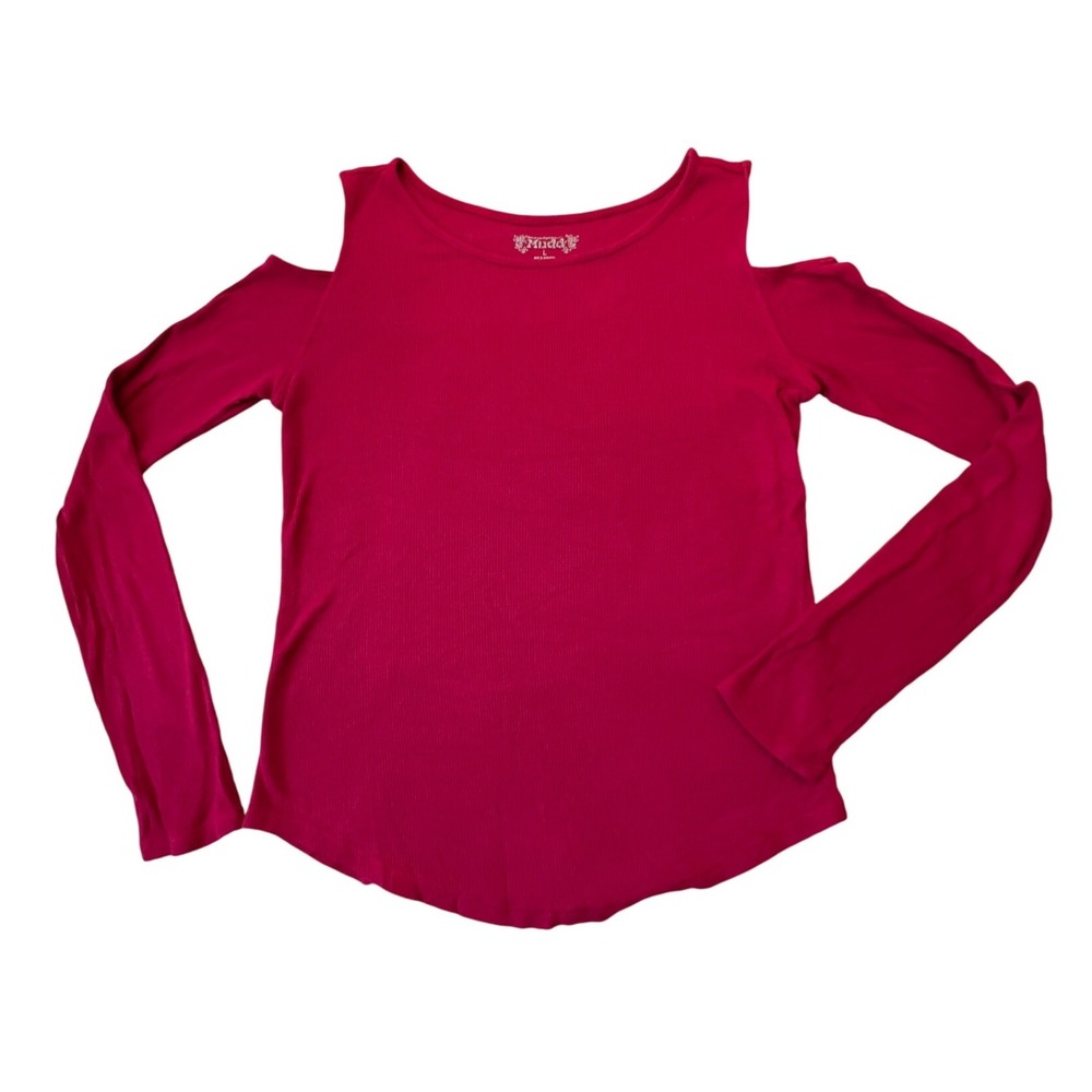 Mudd Girls Top Size L Long Sleeve Cold‎ Shoulder Ribbed Knit Burgundy